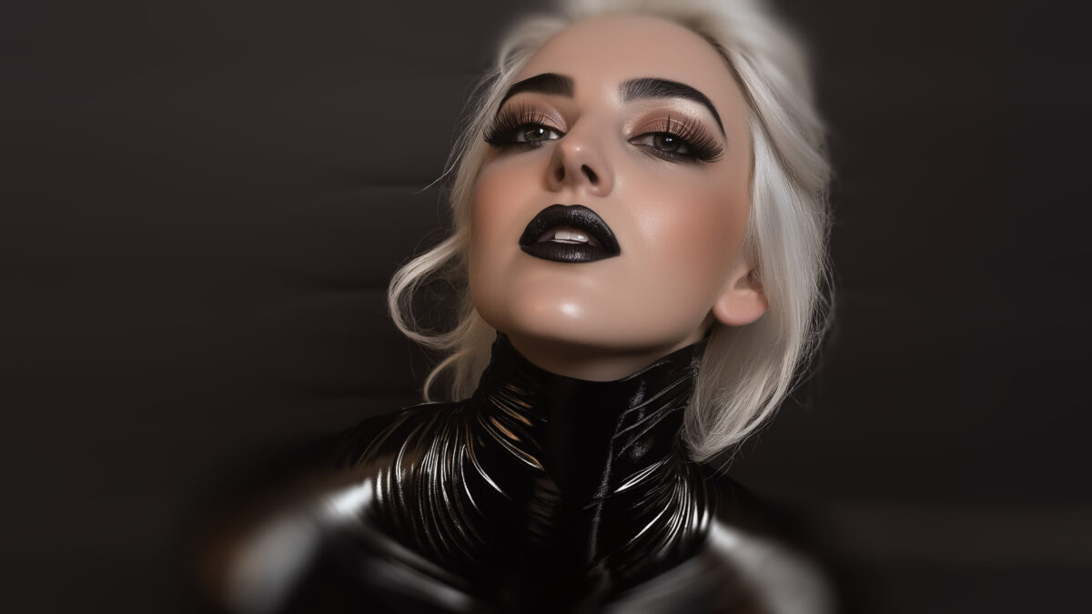 Blonde Frau mit braunen Augen in schwarzem Latex Bodysuit