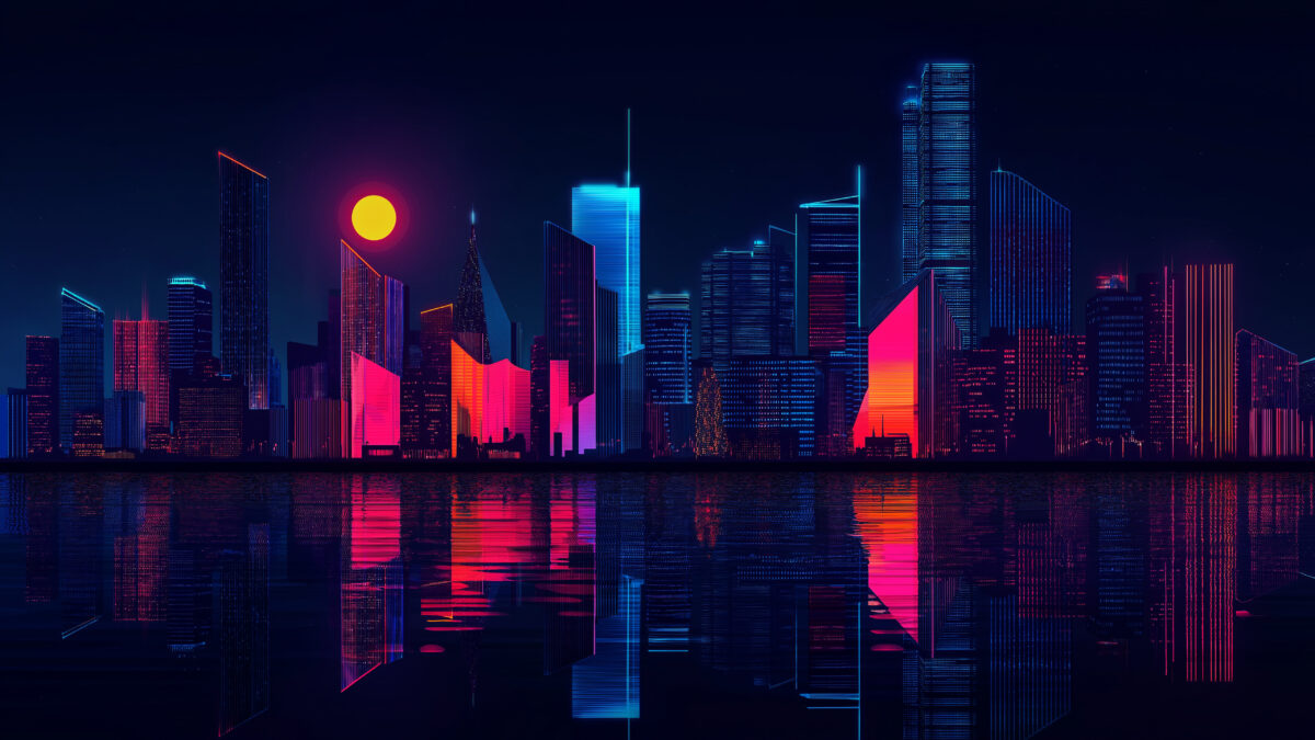 Eine dunkle Neonstadt Skyline wie in Blade Runner / Cyberpunk