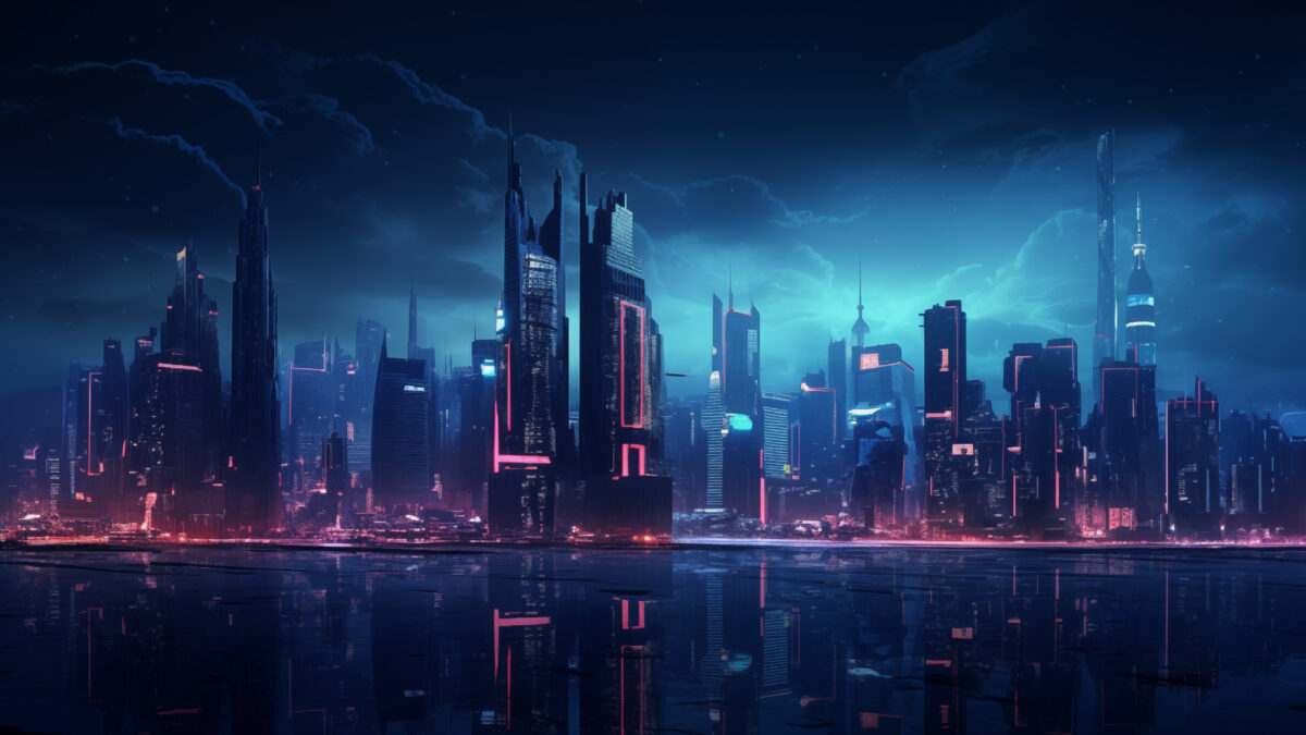 Eine dunkle Neonstadt Skyline wie in Blade Runner / Cyberpunk