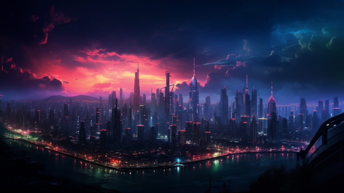 Eine dunkle Neonstadt Skyline wie in Blade Runner / Cyberpunk