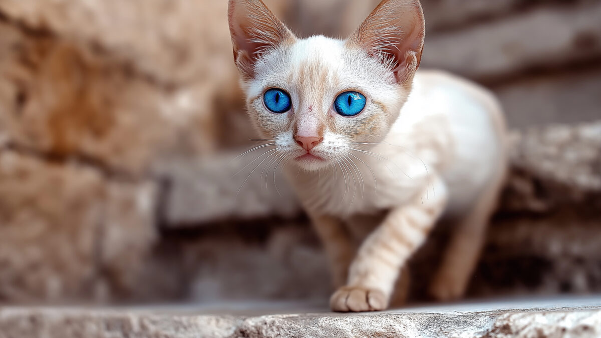 Kleine weisse Katze mit blauen Augen