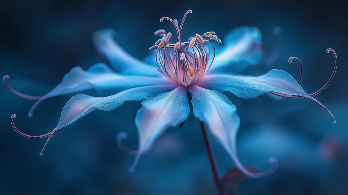 Magische blaue Blume mit langen gewellten Blütenblättern