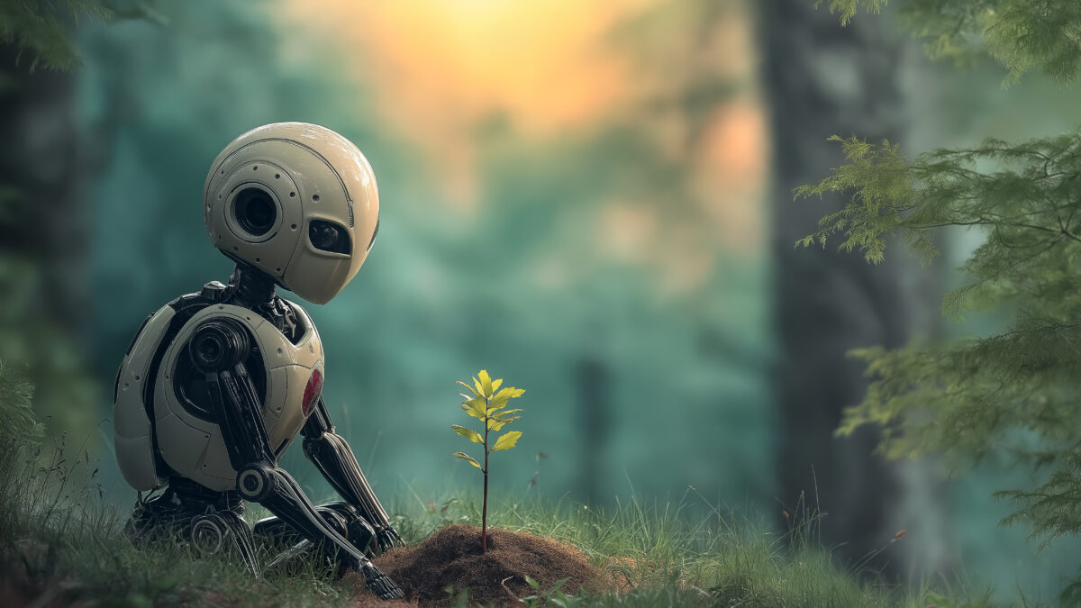 Sci-Fi Roboter in Wald mit kleinem Baum